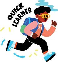 A flat sticker of a running student with quick learner typography vector
