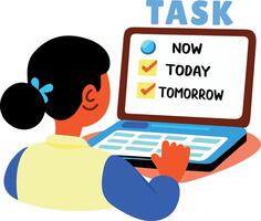A flat sticker of a character checking her task list on laptop vector
