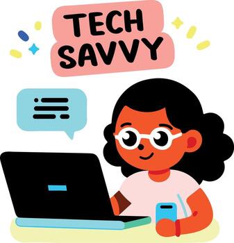 Flat sticker of a student using tech savvy device for learning vector