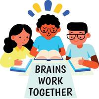 Group study flat sticker of students with brains work together typography vector