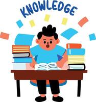 A flat sticker of a student reading books with knowledge typography vector
