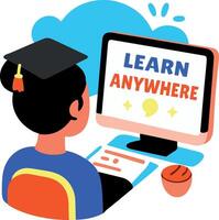 A flat sticker of a student taking online class with learn anywhere typography vector