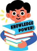 A flat sticker of a character holding books written knowledge power vector
