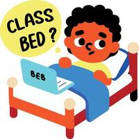 A flat sticker of a student taking online class on a bed vector