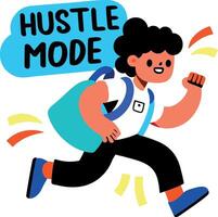 A flat sticker of a running backpack character with hustle mode typography vector