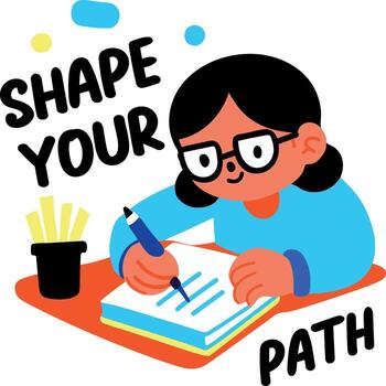 A flat sticker of a learning character with shape your path typography vector