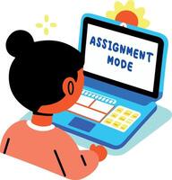 A flat sticker of a student working on laptop with assignment mode typography vector