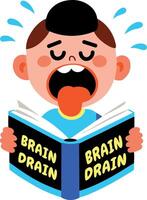 A flat sticker of a student holding a book and brain drain written on its cover vector