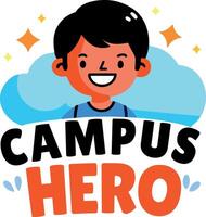 A flat sticker of a smiling student with campus hero typography vector