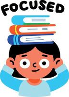 A flat sticker of a student carrying books on his head with focused typography vector
