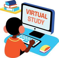 A flat sticker of a student doing virtual study from home vector