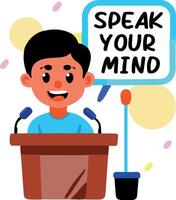 A flat sticker of a student giving speech on a dias with speak your mind typography vector