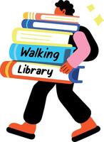 A flat sticker of a character holding of books with walking library text vector