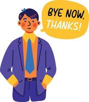 A flat sticker of a character with bye now thanks typography vector