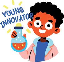 A flat sticker of a science student with young innovator typography vector