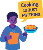 A flat sticker of a character cooking food with sarcastic typography vector