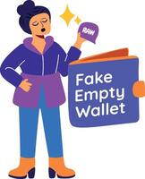 A flat sticker of a character with fake empty wallet typography vector