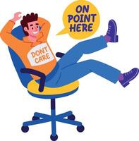 A flat sticker of a character laying on chair with dont care typography vector
