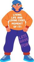 A flat sticker of a character with living life typography vector