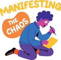 A flat sticker of a man writing on a paper with manifesting typography vector