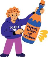 A flat sticker of a character with popping bottles not problem typography vector