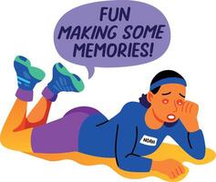A flat sticker of a bored character with making memories typography vector