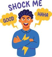 A flat sticker of a character with shock me typography vector