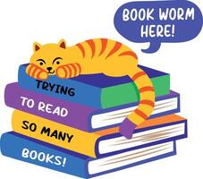 A flat sticker of a cat lying on a book with bookworm here typography vector
