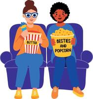 A flat striker of two besties watching movie and eating popcorns vector