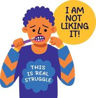 A flat sticker of a character brushing teeth with not liking it text vector