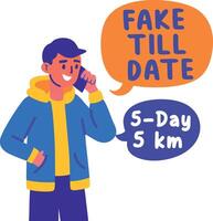 A flat sticker of a character with fake till date typography vector