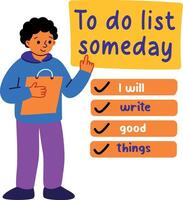 A flat sticker of a character with todo list someday typography vector