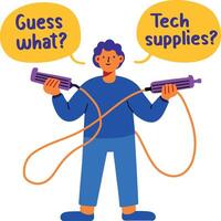 A flat sticker of a man holding some wires with guess what typography vector