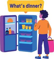 A flat sticker of a character checking fridge with whats dinner typography vector
