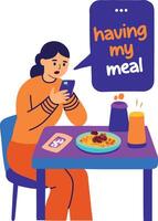 A flat sticker of a character posting story about her meal vector