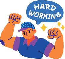 A flat sticker of a muscle character with hardworking typography vector