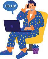 A flat sticker of a character working on a laptop say hello on a mobile call vector