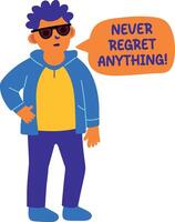 A flat sticker of a character saying never regret anything vector