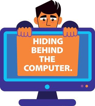 un plano pegatina de un personaje ocultación detrás el computadora vector