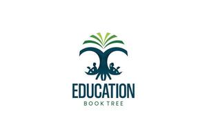 Education logo, symbol of book tree with children reading books vector