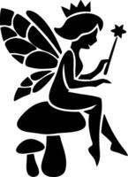 Fairy Silhouette Sitting on Mushroom with Magic Wand Fantasy vector