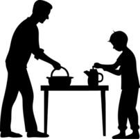 Father and Son Cooking Together Silhouette Illustration for Family Activities vector