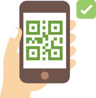 Hand Holding Smartphone Displaying QR Code with Checkmark for Mobile Payment vector
