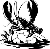Lobster Illustration on Rock with Seaweed in Bold Black Outline vector