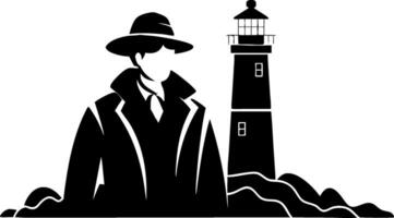Mysterious Figure in Overcoat with Lighthouse Silhouette Artwork vector