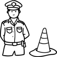 Police Officer Outline with Safety Cone Illustration for Traffic Control vector