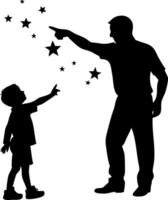 Silhouette of Man and Child Pointing at Stars Dreaming and Imagination Art vector