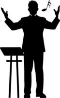 Silhouette of Orchestra Conductor Leading Performance with Musical Notes Art vector
