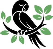 Stylized Parrot Illustration on Branch with Green Leaves Art vector