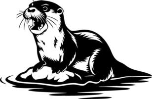 Illustration of an Otter on a Rock with Open Mouth in Water vector